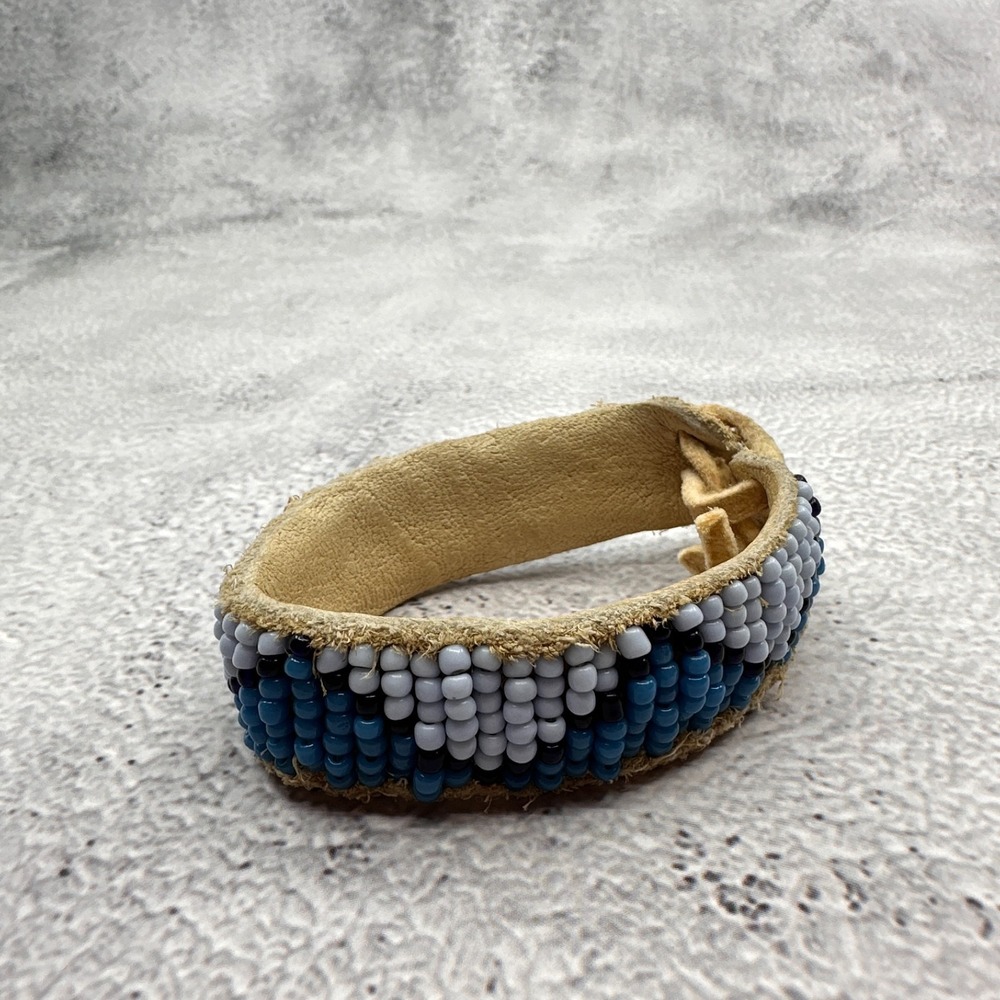 Tan Suede Seed Bead Cuff Bracelet Blue White Black Boho Geometric Vintage Style